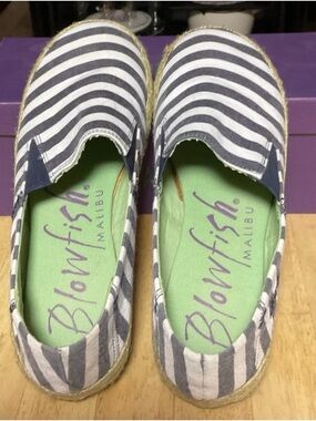Blowfish Navy & White Striped Slip-On Flats with Green Insole